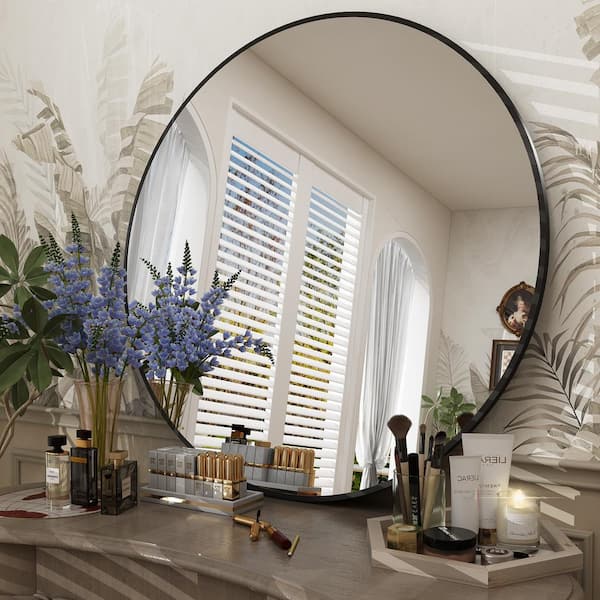 Apmir 24 in. W x 24 in. H Round Aluminum Alloy Framed French Cleat Mounted Wall Decor Bathroom Vanity Mirror in Matte Black