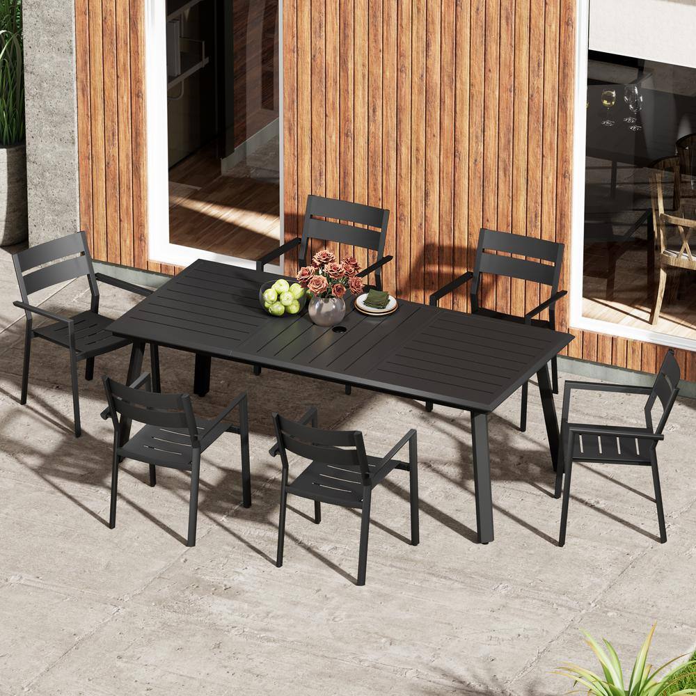Black 7-Piece Aluminum 94.5 in. Outdoor Dining Set with Umbrella Hole and Armchair price history on PriceWatchPro
