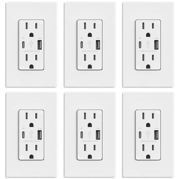 6Pcs White 15 Amp Tamper Resistant Wall Outlet with USB Ports, 21W USB Outlets Receptacles with Type A and Type C Ports