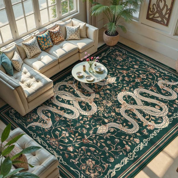 Washable Vintage Snake Pattern Non Slip Green Serpent 8 ft. x 10 ft. Living Room/Bedroom Indoor Area Rug