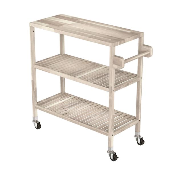 Interbuild 3 Tier Large Solid Acacia Kitchen Cart, Organic White