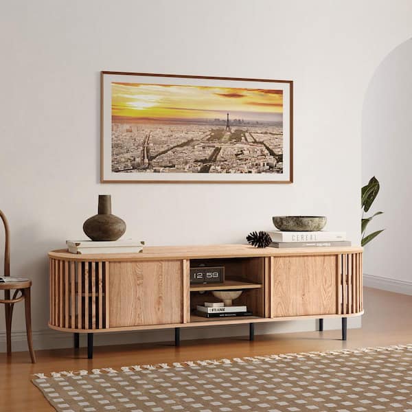Light Oak Finish Engineered Wood 2-Door and Open Storage TV Console Fits TV's up to 70 in.