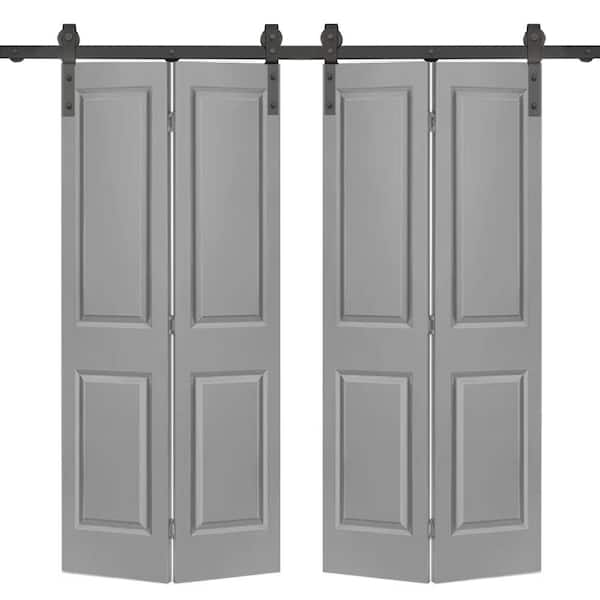 CALHOME 60 in. x 80 in. Hollow Core 2 Panel Light Gray Painted MDF Composite Double Bi-Fold Barn Door with Sliding Hardware Kit