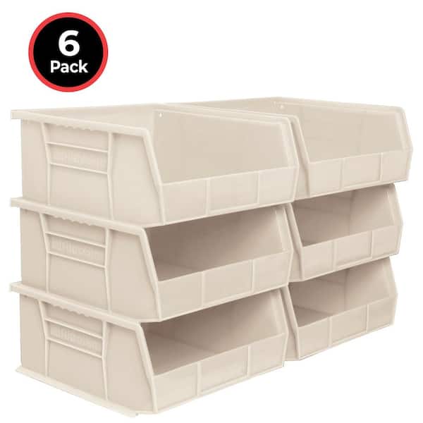 Heavy-Duty Stackable and Hanging Plastic Storage Totes, 10.88 in. L x 11 in. W x 5 in. H, Holds 50 lbs., Stone (6-Pack)
