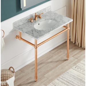Verona 34.5 in. Console Sink in Rose Gold with Carrara White Countertop