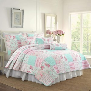 Tiffany Pink Garden 6-Piece Blue, White, Multi-Color Floral Cotton Polyester King Quilt Bedding Set and Throw Pillows