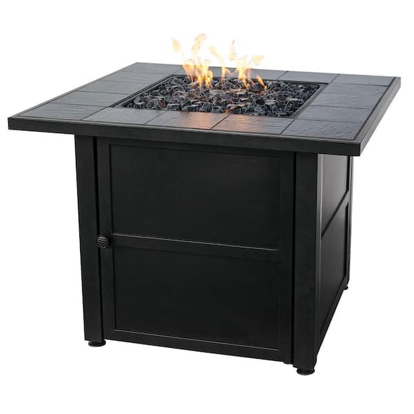 UniFlame 31.5 in. W x 31.5 in. D Black Slate Ceramic Tile LP Gas Fire Pit with Electronic Ignition and Black Fire Glass