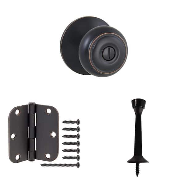 Hartford Aged Bronze Door Knob, 3-1/2 in. Hinge (12-Pack) and Matte Black Door Stop (5-Pack)
