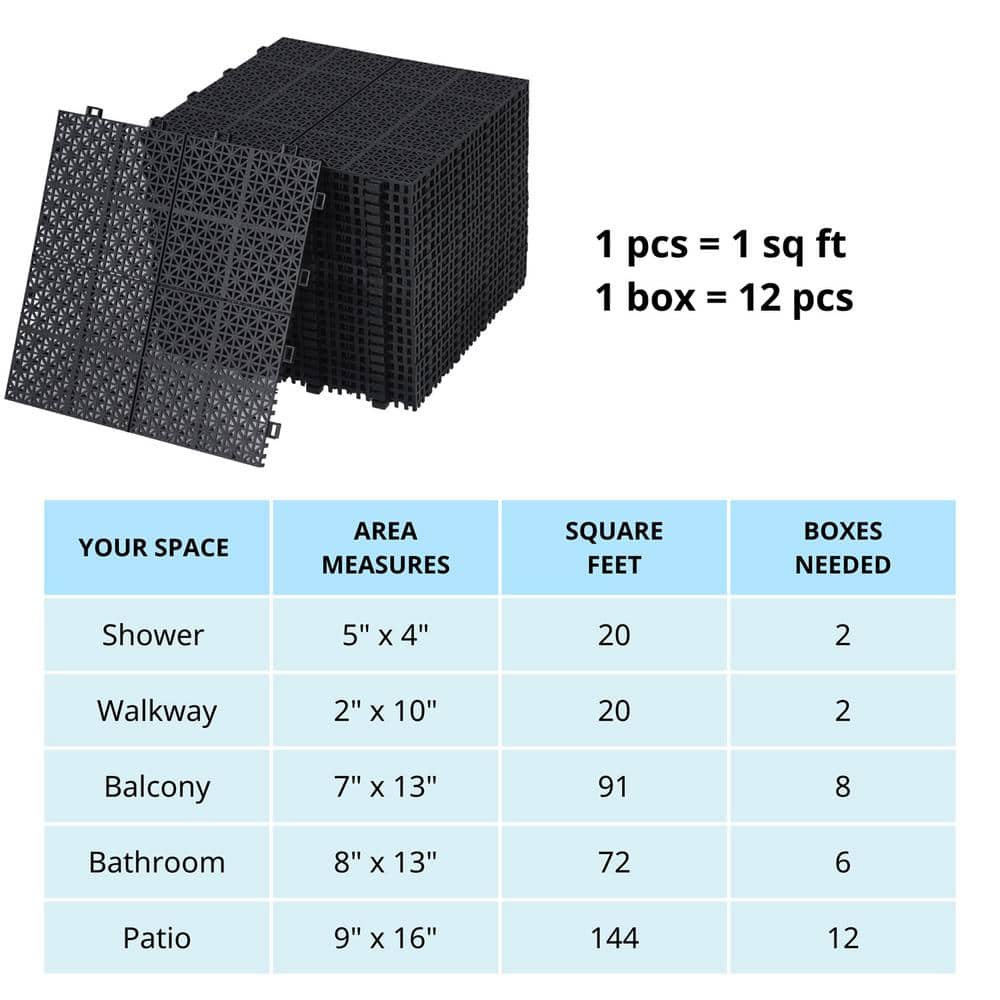 12 x 12 Inch Black Plastic Interlocking Waterproof Deck Tiles