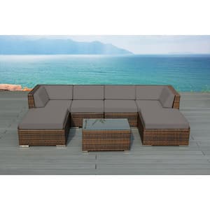 Ohana Mixed Brown 7-Piece Wicker Patio Seating Set with Sunbrella Taupe Cushions
