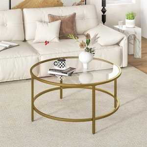 36 in. Golden Round Tempered Glass Tabletop Coffee Table Metal Frame Living Room