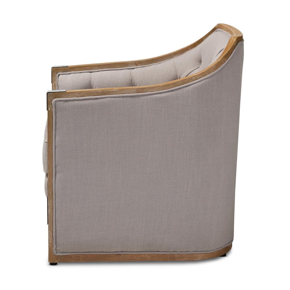 Beige Linen and Oak Barrel Accent Chair