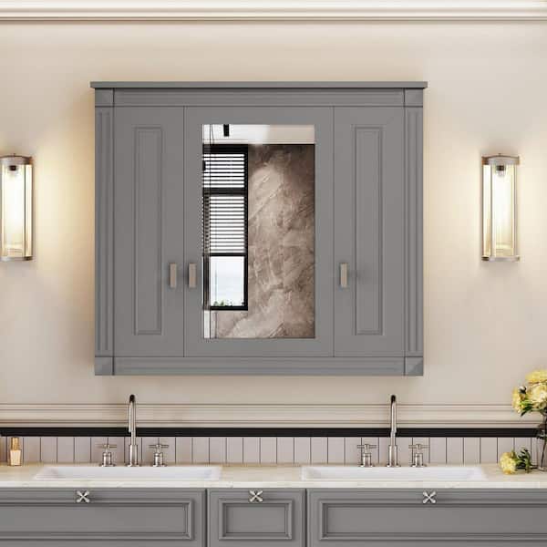 34 in. W x 29 in. H Rectangular Gray Surface Mount Medicine Cabinet with Mirror and 4 Shelves