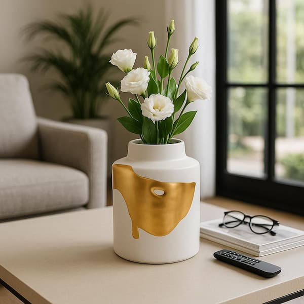 Liv & Skye 10 in. White/Gold Porcelain Cylinder Decorative Vase
