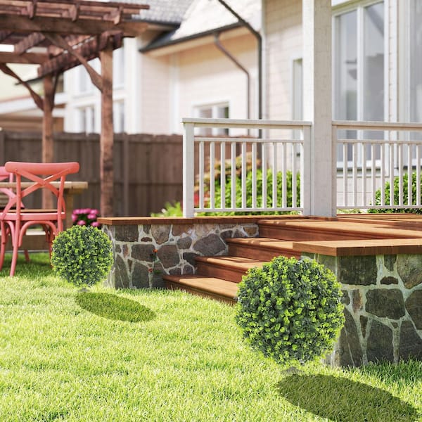 2-Pack 1. 3 ft. Artificial Boxwood Tree Topiary Ball with Ground Stake, Indoor Outdoor Faux Greenery, Faux Plants