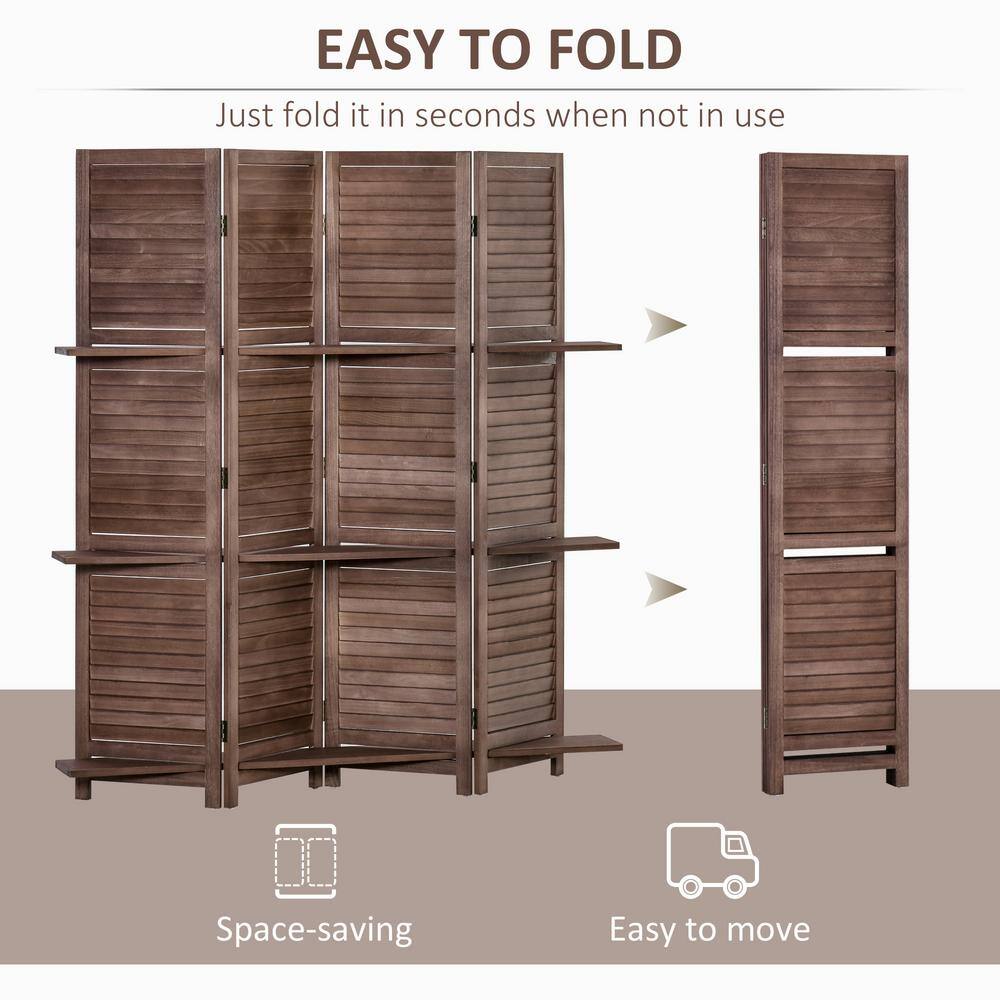 Dark Wood 4-Panel Folding Room Divider with Shelves