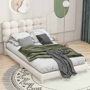 White Wood Frame Twin Size Velvet Upholstered Platform Bed with Soft Plump Square-Tufted Headboard, Additional Legs