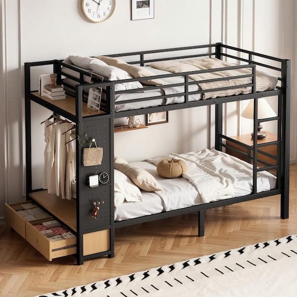 Black Twin XL Over Twin XL Bunk Bed with Storage Shelves