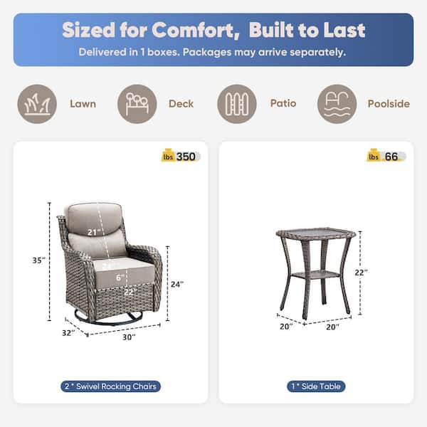 MoonLuxe 3-Piece Gray Wicker Outdoor Bistro Sets with 6 in. Beige Olefin Cushions and Matching End Table