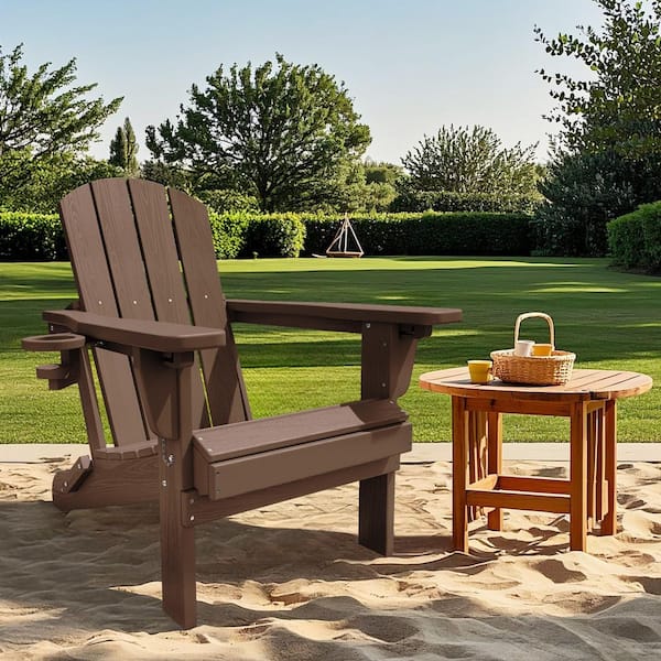 JEAREY Weather Resistant Plastic HDPE Outdoor Patio Folding Adjustable Adirondack Chair with Cup Holder in Brown