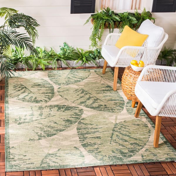 Courtyard Beige/Green 5 ft. x 8 ft. Floral Indoor/Outdoor Patio  Area Rug