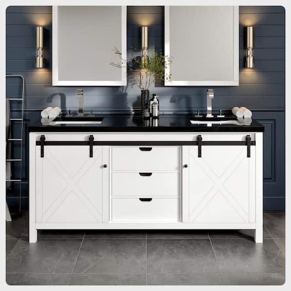 Eviva Dallas 72 in. W x 22 in. D x 34 in. H Double Bath Vanity in White with Black Granite Top with Black Sinks