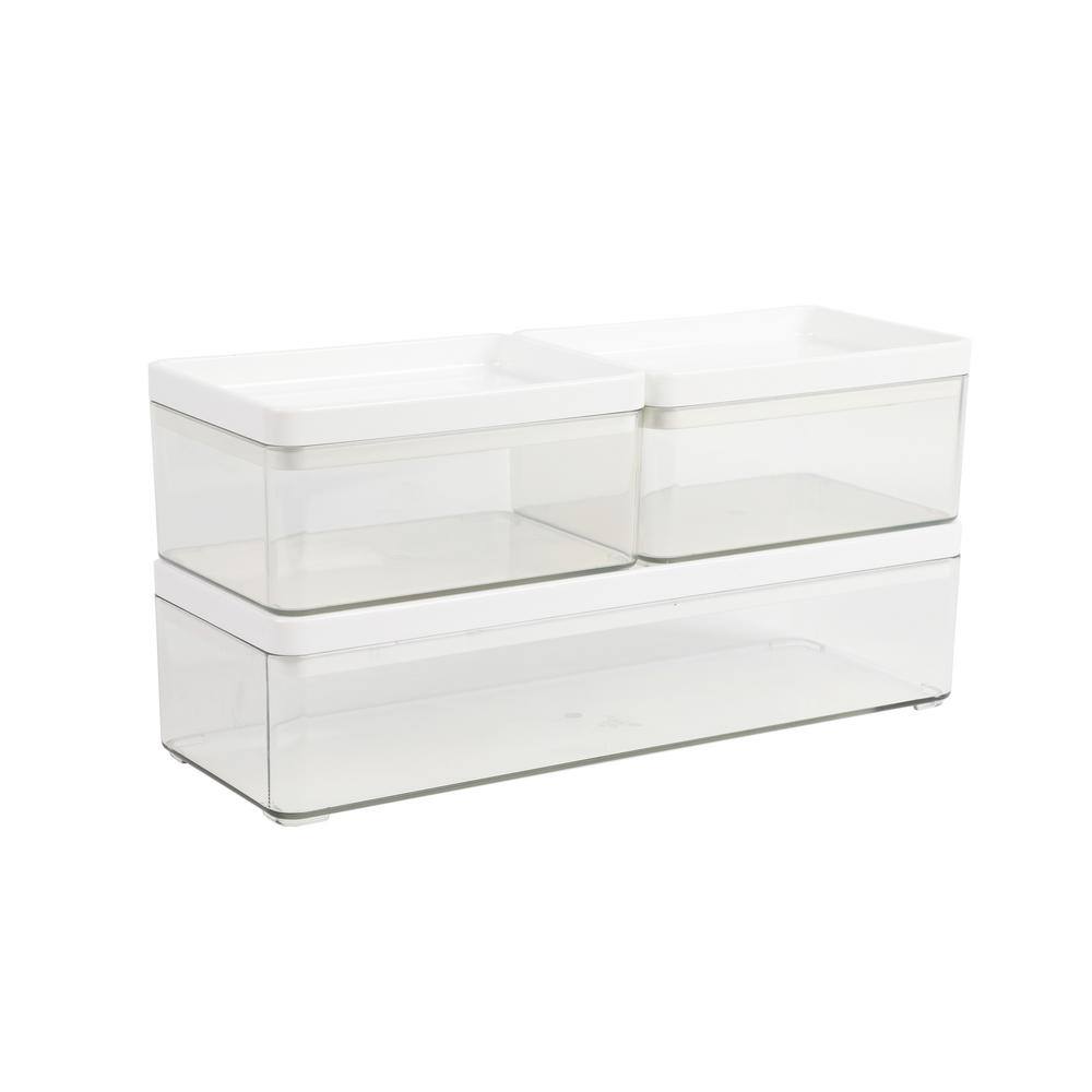 Clear Stackable Plastic Storage Boxes with White Lids, Set of 3