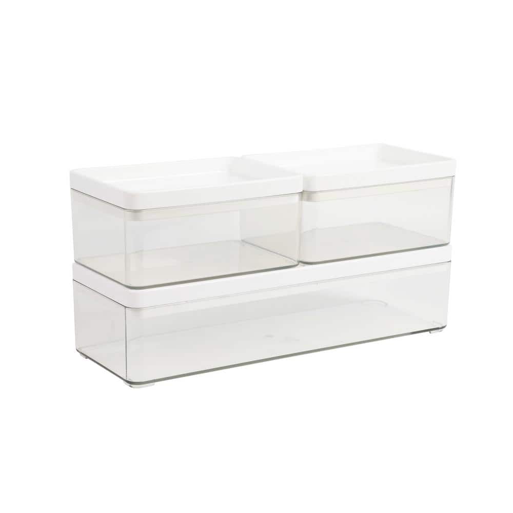 Clear Stackable Plastic Storage Boxes with White Lids, Set of 3
