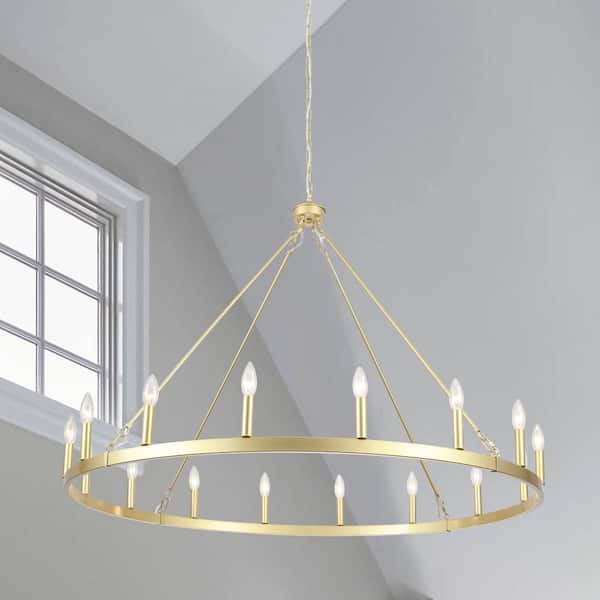 LWYTJO Vyolette 16-Light Spray-Painted Gold 47 in. Large Modern Farmhouse Candle Wagon Wheel Chandelier for Living Room
