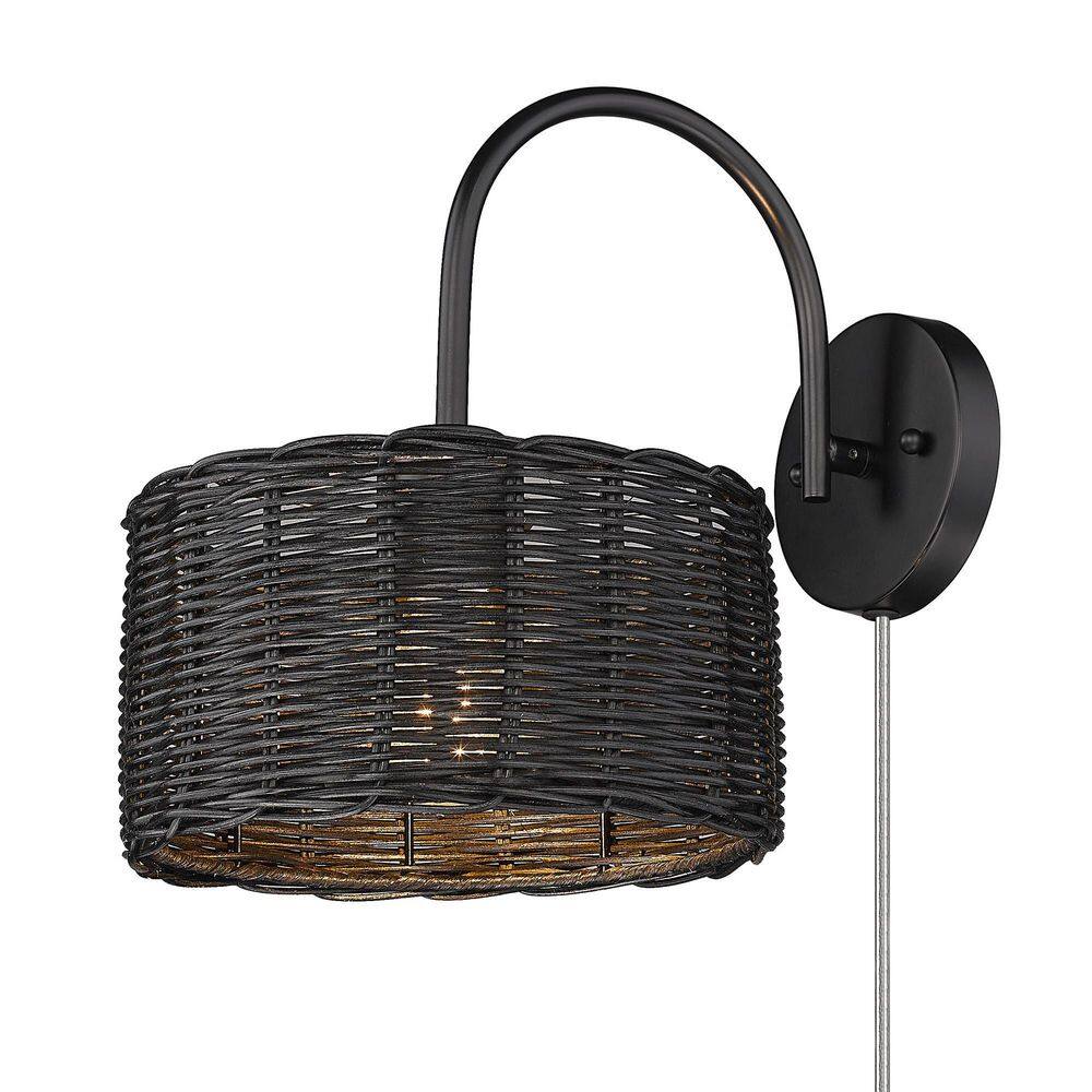 Matte Black Wicker and Steel Wall Sconce