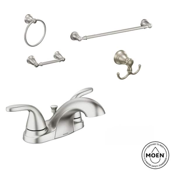 MOEN Adler 4 in. Centerset 2-Handle Bath Faucet with 4-Piece Hardware Set in Spot Resist Brushed Nickel (24 in. Towel Bar)