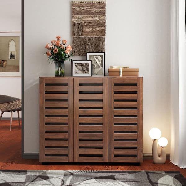 38.66 in. x 44.9 in. Walnut Shoe Storage Cabinet with 5 Adjustable Shelves and Louvered Doors for Entryway