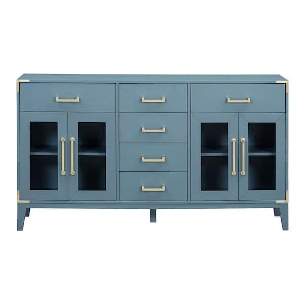 Unbranded 60 in. W x 15.9 in. D x 34.2 in. H Antique Blue Linen Cabinet Sideboard with Extra Large Storage Space and Gold Handles