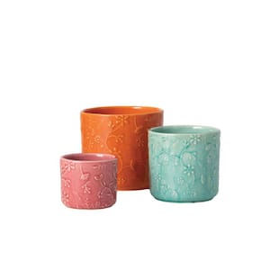 4.5", 4", and 2.75" Multi-Color Ceramic Floral Relief Flower Pot (Set of 3)