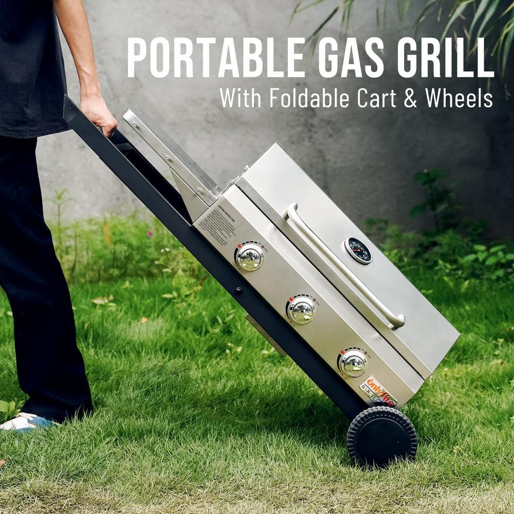 Compact Stainless Steel 3-Burner Propane Gas Grill with Foldable Cart