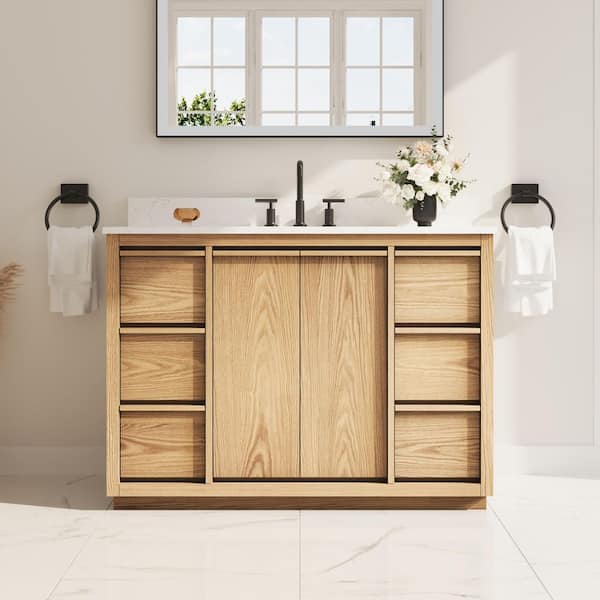 Oakland 48 in. Fully Assembled Freestanding Oak Solid Wood Bath Vanity with White Quartz Top, Soft-Close, Backsplash