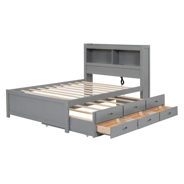 Gray Wood Frame Full Size Platform Bed with trundle, drawers and USB plugs