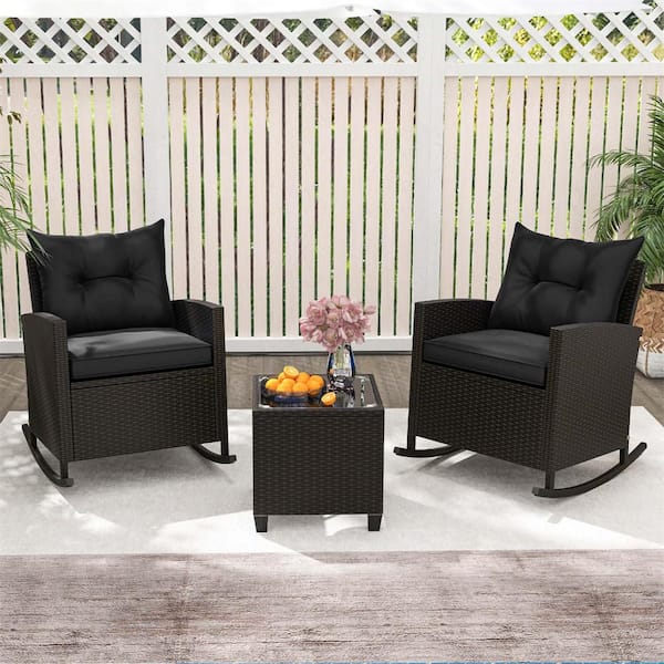 3-Piece Metal Rattan Patio Conversation Set with Black Cushions