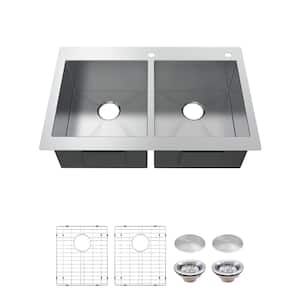Professional Zero Radius 33 in. Drop-In 50/50 Double Bowl 16 Gauge Stainless Steel Kitchen Sink with Accessories