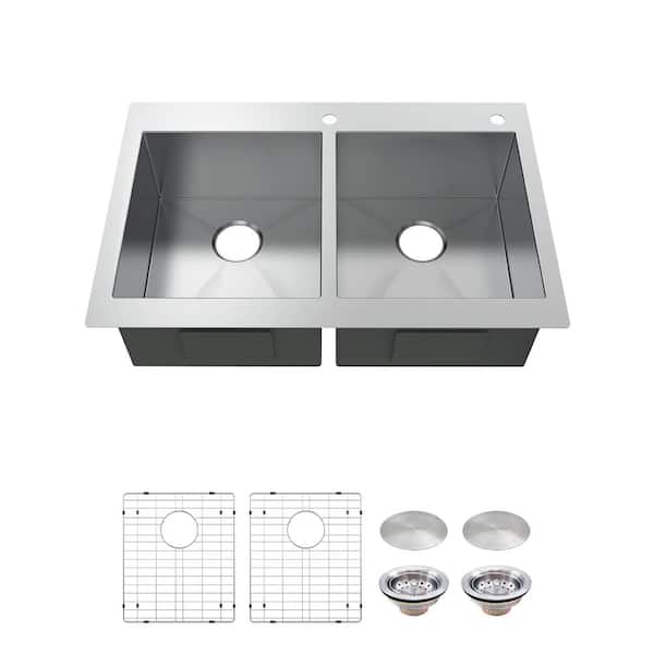 Glacier Bay Professional Zero Radius 33 in. Drop-In 50/50 Double Bowl 16 Gauge Stainless Steel Kitchen Sink with Accessories