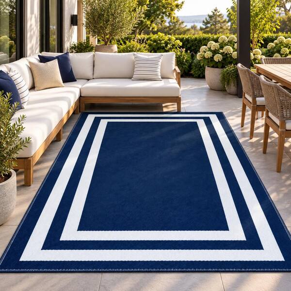 Paris Navy Creme 5 ft. x 7 ft. Reversible Recycled Plastic Indoor/Outdoor Area Rug-Floor Mat
