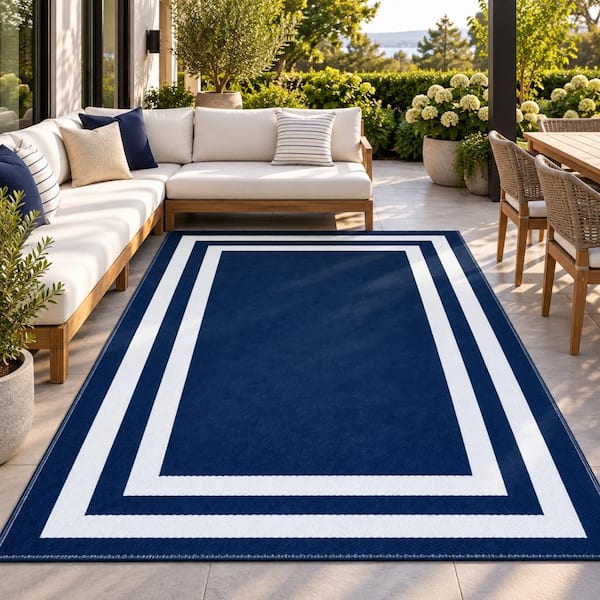 Paris Navy Creme 8 ft. x 10 ft. Reversible Recycled Plastic Indoor/Outdoor Area Rug-Floor Mat