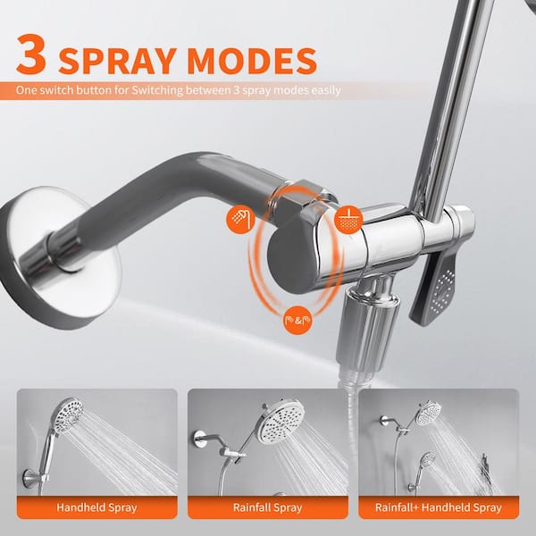 Rainfull 8-Spray Patterns Dual Wall Mount Shower Heads and Handheld Shower Head 2.5 GPM in Polished Chrome