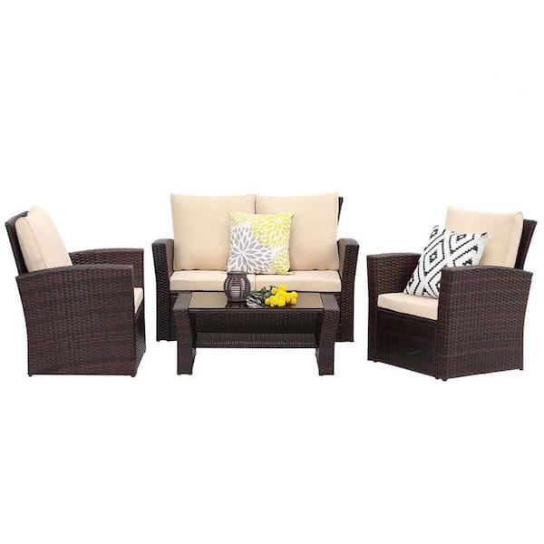Zeus & Ruta 4-Piece Wicker Patio Conversation Set All-Weather Outdoor Wicker Sectional Sofa Chair with Beige Cushions
