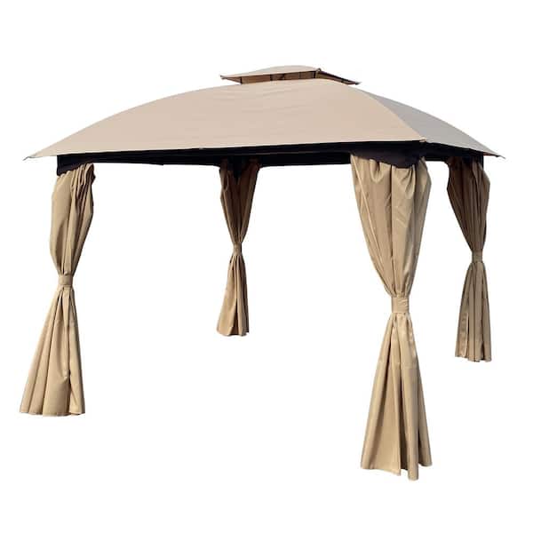 Unbranded 10 ft. x 10 ft. Outdoor Khaki Patio Garden Gazebo Canopy, Outdoor Shading, Gazebo Tent with Curtains
