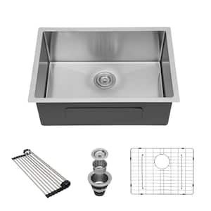 27 in.Single Bowl 16-Gague T304 Stainless Steel Undermount Kitchen Sink with Bottom Grid and Strainer Basket