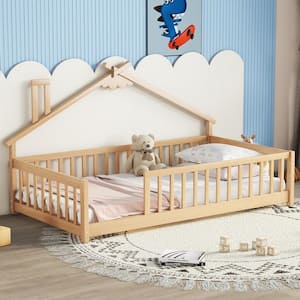 Natural Wood Frame Twin Size House Floor Bed with Chimney Design, Fence Guardrails, Slats