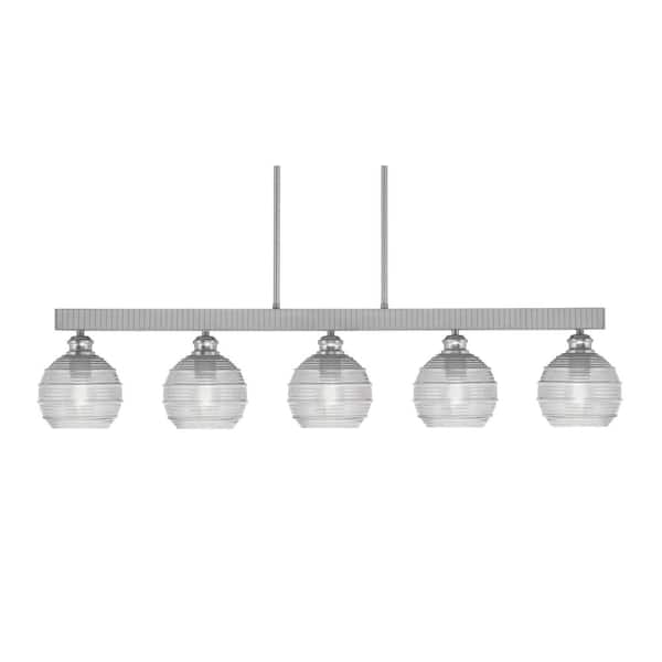 Unbranded Albany 60-Watt 5-Light Brushed Nickel Linear Pendant Light with Clear Ribbed Glass Shades and No Bulbs Included