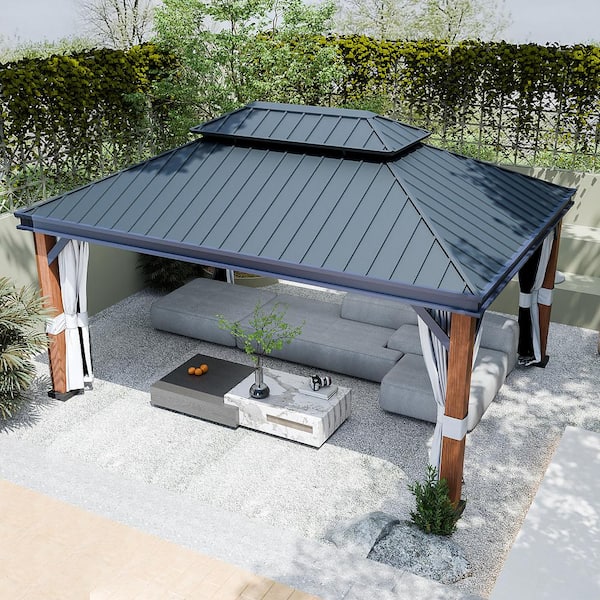 12 ft. x 16 ft. Wood Grain Aluminum Gazebo Double Galvanized Steel Roof, Mosquito Netting, Curtain and Ceiling Hook