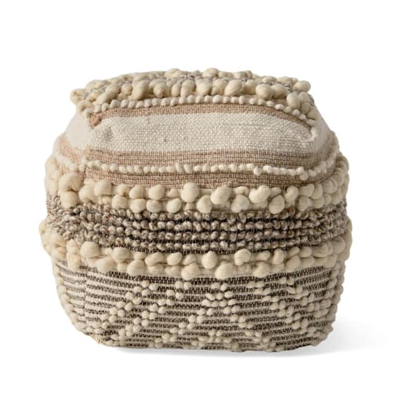 Noble House Gerardo White and Natural Cube Pouf Ottoman